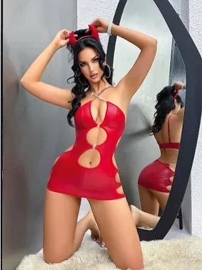 Lily Bianca Kırmızı Dekolteli Midi Zincirli Parlak Seksi Elbise Lily Bianca JB-15012 - Alternatif Görünüm