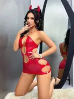 Kırmızı Dekolteli Midi Zincirli Parlak Seksi Elbise Lily Bianca JB-15012 Kırmızı farklı açı