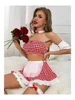 Kırmızı Ekose Fırfırlı Fantezi Hizmetçi Kostüm missisX 62002 Kırmızı