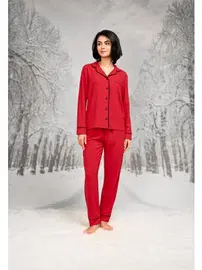Doreanse Kırmızı Gömlek Yaka Uzun Kollu Kadın Pijama Takım Doreanse 26K4109