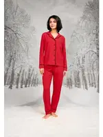 Kırmızı Gömlek Yaka Uzun Kollu Kadın Pijama Takım Doreanse 26K4109