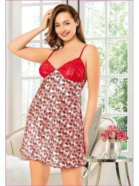 Miss Laris Kırmızı İnce Askılı Dantelli Saten Kısa Kadın Gecelik Miss Laris 4007