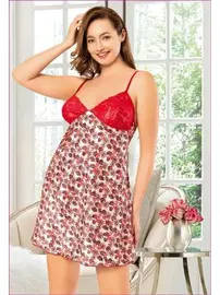 Miss Laris Kırmızı İnce Askılı Dantelli Saten Kısa Kadın Gecelik Miss Laris 4007