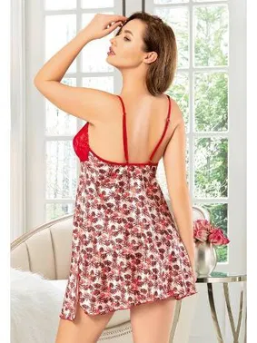 Miss Laris Kırmızı İnce Askılı Dantelli Saten Kısa Kadın Gecelik Miss Laris 4007 - Alternatif Görünüm