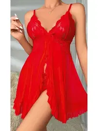 Ruselin Kırmızı İp Askılı Seksi Fırfırlı Kırmızı Kadın Fantezi Gecelik Ruselin 2099