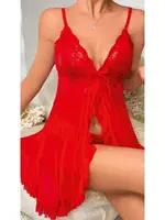 Kırmızı İp Askılı Seksi Fırfırlı Kırmızı Kadın Fantezi Gecelik Ruselin 2099 Kırmızı detay görünüm