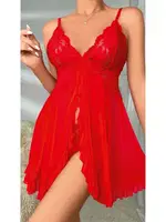 Kırmızı İp Askılı Seksi Fırfırlı Kırmızı Kadın Fantezi Gecelik Ruselin 2099 Kırmızı farklı açı