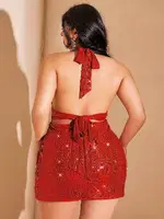 Kırmızı Işıltılı Boyun Askılı Büyük Beden Mini Seksi Gece Elbisesi Pink Night 6505 Kırmızı farklı açı