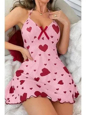 Ruselin Kırmızı Kalpli Boyundan Bağlamalı Pembe Kısa Gecelik Ruselin 5064