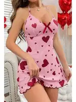 Kırmızı Kalpli Boyundan Bağlamalı Pembe Kısa Gecelik Ruselin 5064 görsel 4