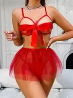 Kırmızı Kurdela Tasarımlı Dantelli Tül Seksi Sütyen Etek Takım İzabel 13008 Kırmızı