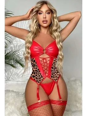 Jesica Bella Kırmızı Leopar Dantel Jartiyer Seksi Takım Jesica Bella JB-15019