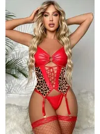 Jesica Bella Kırmızı Leopar Dantel Jartiyer Seksi Takım Jesica Bella JB-15019