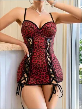 Lily Bianca Kırmızı Leopar İp Detaylı Fantezi Seksi Gecelik Lily Bianca LB-228 - Alternatif Görünüm