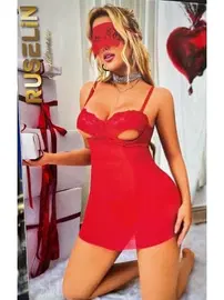 Ruselin Kırmızı Maskeli Seksi Kadın Fantezi Gecelik Ruselin 2180