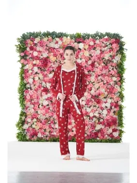 Estiva Kırmızı Papatya Desenli 3lü Sabahlıklı Likra Viskon Kadın Pijama Takımı Estiva 25194