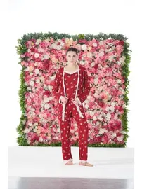 Estiva Kırmızı Papatya Desenli 3lü Sabahlıklı Likra Viskon Kadın Pijama Takımı Estiva 25194