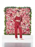 Kırmızı Papatya Desenli 3lü Sabahlıklı Likra Viskon Kadın Pijama Takımı Estiva 25194 Kırmızı görsel 4