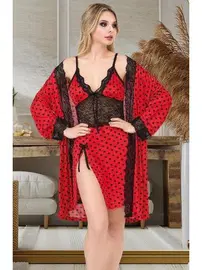 İzabel Kırmızı Puantiyeli Dantelli Kısa Gecelik Sabahlık Takımı İzabel F-7007