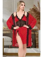 Kırmızı Puantiyeli Dantelli Kısa Gecelik Sabahlık Takımı İzabel F-7007 Kırmızı