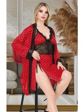 İzabel Kırmızı Puantiyeli Dantelli Kısa Gecelik Sabahlık Takımı İzabel F-7007 - Alternatif Görünüm