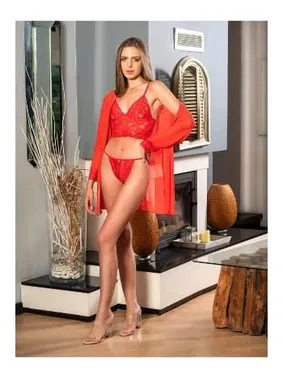 Nathalie Kırmızı Sabahlıklı Dantel Bra Alt-üst Iç Giyim Takımı Nathalie T-4003 - Alternatif Görünüm