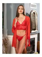 Kırmızı Sabahlıklı Dantel Bra Alt-üst Iç Giyim Takımı Nathalie T-4003 Kırmızı farklı açı