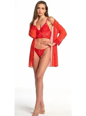Nathalie Kırmızı Sabahlıklı Dantel Bra Alt-üst Iç Giyim Takımı Nathalie T-4003