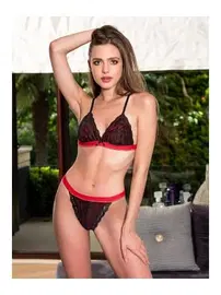 Nathalie Kırmızı Şeritli Siyah Dantel Detaylı İç Çamaşırı Takımı Nathalie 5002