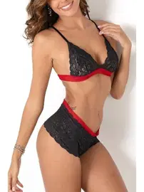 SHE Kırmızı Şeritli Siyah Dantel Seksi Fantezi Sütyen Takım SHE 2106