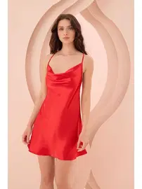 NBB Kırmızı Sırt Dekolteli Saten Tek Gecelik NBB 3175