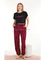Kırmızı Siyah Çizgi Desenli Kadın Kısa Kol Pamuk Viskon Pijama Takımı Lady 12559