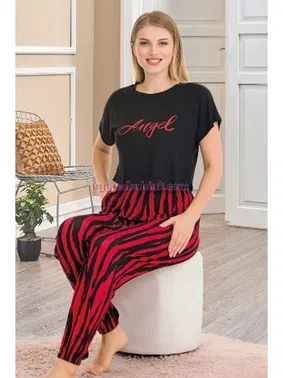 Lady Kırmızı Siyah Çizgi Desenli Kadın Kısa Kol Pamuk Viskon Pijama Takımı Lady 12559 - Alternatif Görünüm