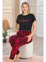 Kırmızı Siyah Çizgi Desenli Kadın Kısa Kol Pamuk Viskon Pijama Takımı Lady 12559 detay görünüm