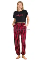 Kırmızı Siyah Çizgi Desenli Kadın Kısa Kol Pamuk Viskon Pijama Takımı Lady 12559 görsel 4