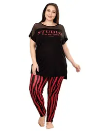 Lady Kırmızı Siyah Çizgili Desen Büyük Beden Pijama Takımı Lady 10807
