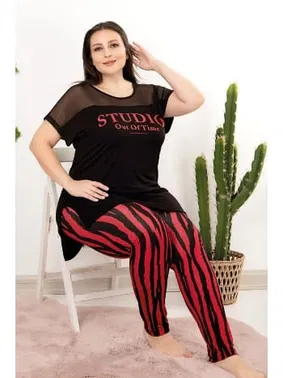 Lady Kırmızı Siyah Çizgili Desen Büyük Beden Pijama Takımı Lady 10807 - Alternatif Görünüm