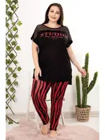 Kırmızı Siyah Çizgili Desen Büyük Beden Pijama Takımı Lady 10807 farklı açı
