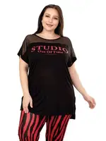 Kırmızı Siyah Çizgili Desen Büyük Beden Pijama Takımı Lady 10807 görsel 4