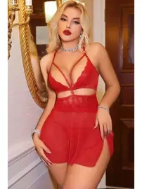 Ruselin Kırmızı Trasnparan Dekolteli Seksi Kadın Fantezi Gecelik Ruselin 2181
