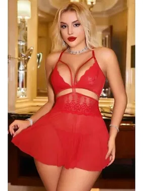 Ruselin Kırmızı Trasnparan Dekolteli Seksi Kadın Fantezi Gecelik Ruselin 2181 - Alternatif Görünüm