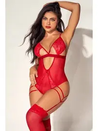 For Dreams Kırmızı Tül Dantel Fantezi Kadın Body Jartiyer Takım For Dreams 8609