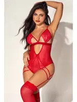 Kırmızı Tül Dantel Fantezi Kadın Body Jartiyer Takım For Dreams 8609