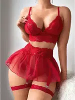 Kırmızı Tül Etekli Fantezi Dantelli Jartiyer Takım Lily Bianca LB-227 Kırmızı farklı açı