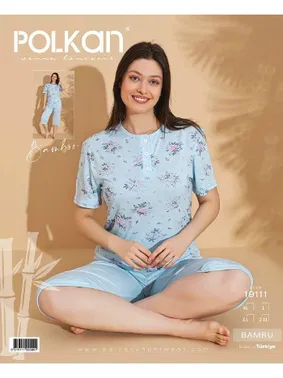 Polkan Kısa Kollu Kapri Pijama Takım Mavi Çiçekli Polkan 19111
