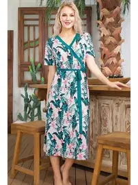 Lady Kısa Kollu Kuşaklı Anvelop Çiçek Desenli Uzun Elbise Lady 7003
