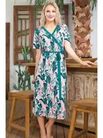 Kısa Kollu Kuşaklı Anvelop Çiçek Desenli Uzun Elbise Lady 7003 Yeşil