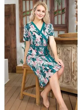 Lady Kısa Kollu Kuşaklı Anvelop Çiçek Desenli Uzun Elbise Lady 7003 - Alternatif Görünüm
