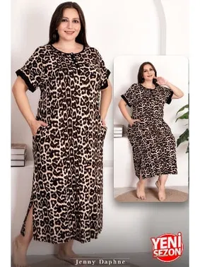Lady Kısa Kollu Leopar Desenli Düğmeli Büyük Beden Kadın Elbise Lady 7263
