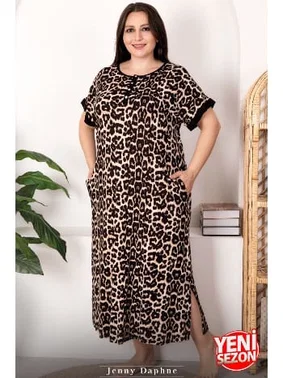 Lady Kısa Kollu Leopar Desenli Düğmeli Büyük Beden Kadın Elbise Lady 7263 - Alternatif Görünüm
